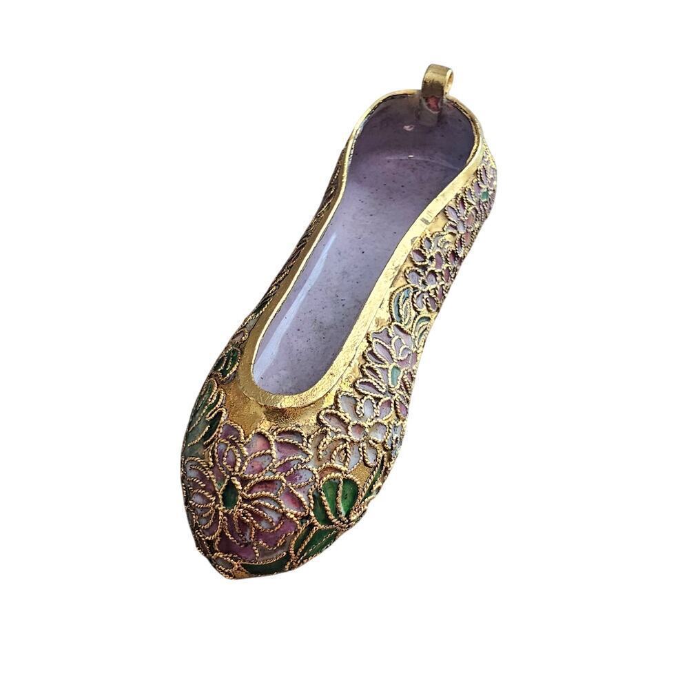 Vintage Cloisonne Ballet Shoe Ornament Gold Tone Charm Christmas Floral Glam